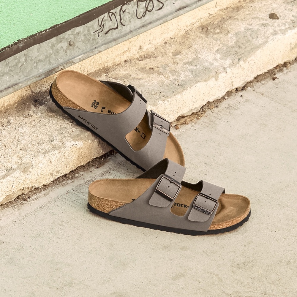 Birkenstock Two-Strap Slide Sandals in Taupe Gray